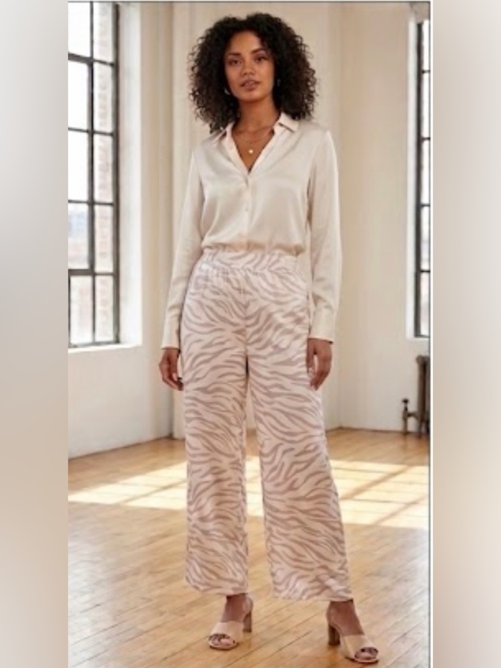 Sally LaPointe Tiger Cream Colored Satin Trousers 8 Flawless